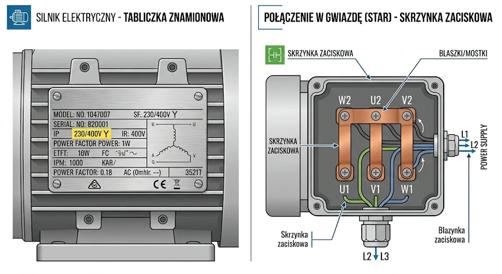 Schemat połączenia uzwojeń silnika w gwiazdę (Y) dla falownika 3-fazowego