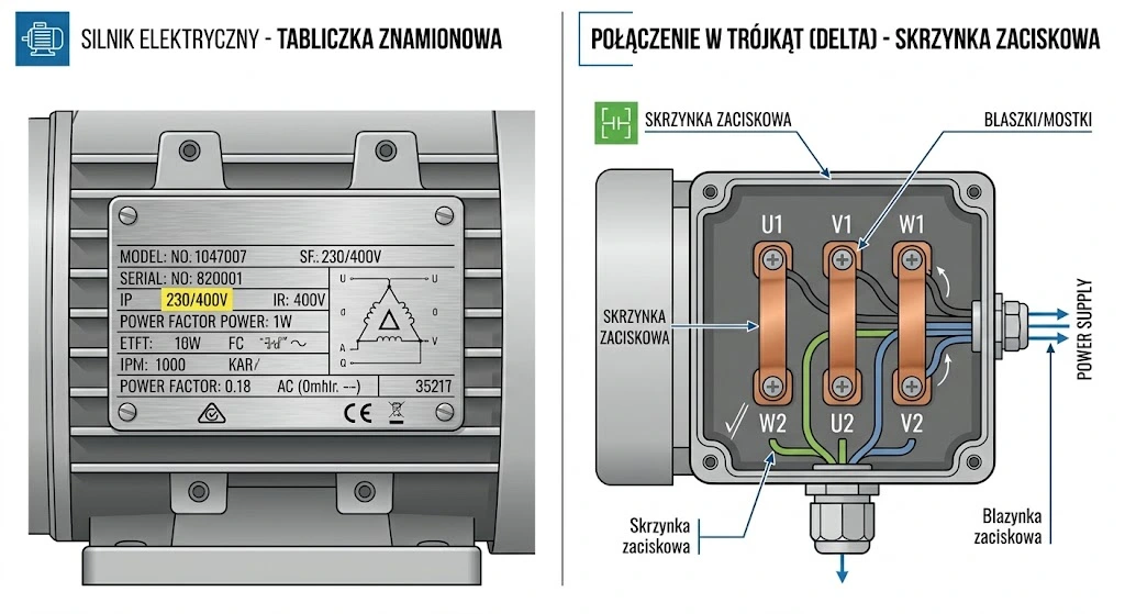 Schemat połączenia uzwojeń silnika w trójkąt (∆) dla falownika 1-fazowego